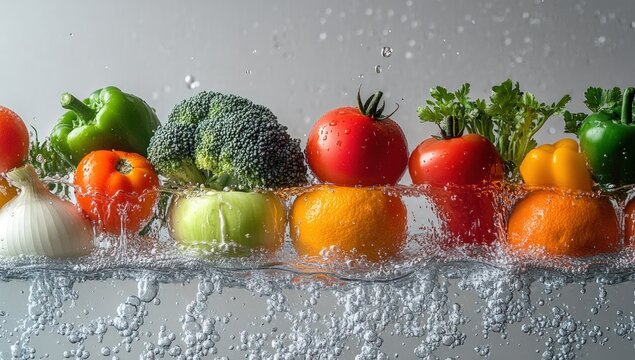 Fresh fruits and vegetables in water with splashes - Powered by Adobe