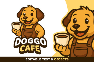 Cheerful Dog with Coffee Cup Mascot Logo for Coffee Shop and Cafe. Cartoon Character Vector Illustration