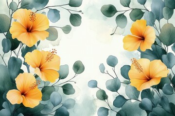 Delicate watercolor painting of vibrant yellow hibiscus flowers surrounded by soft blue-green eucalyptus leaves creating a peaceful floral composition