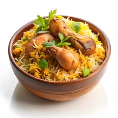 A bowl of biryani, with chicken pieces on a white background