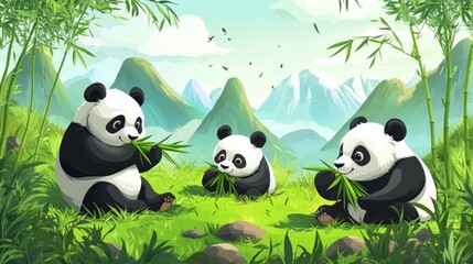 Naklejka premium Three pandas are eating grass in a lush green field