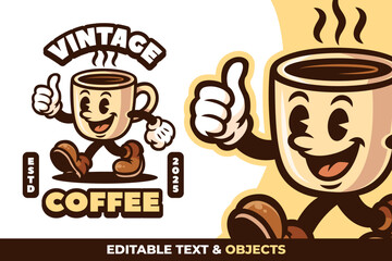 Coffee Cup Retro Mascot Logo for Coffee Shop and Cafe. Cartoon Character Vector Illustration in Vintage Style