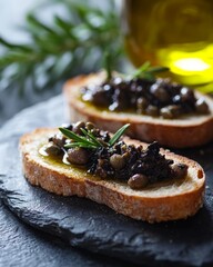 Macro photography of tapenade bruschetta on stone board