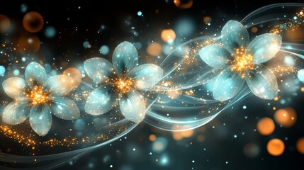 Against a dark backdrop, a painting depicts a blue flower that boasts a golden center and is embellished with intricate gold swirls