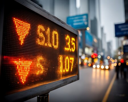 Financial display, urban street, evening