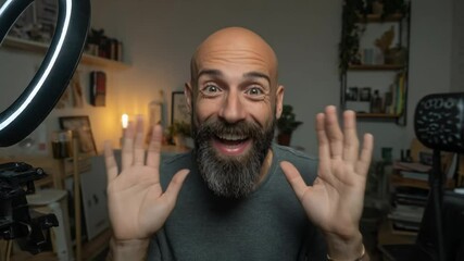 Expressive bald man with a beard gestures enthusiastically towards the camera, illuminated by a ring light, perfect for content about vlogging, streaming, or conveying surprise and excitement online