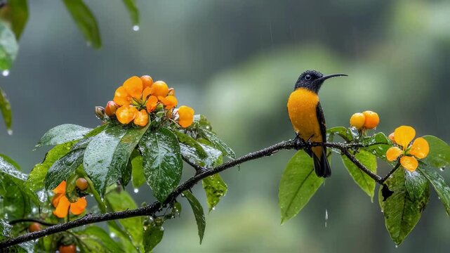 Golden-headed Sunbeam Hummingbird Perched on a Rain-Soaked Branch with Vibrant Orange Flowers