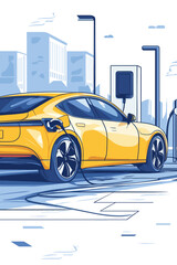 Electric Yellow Car Charging Station Illustration