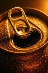 Close-up of a wet soda can tab with condensation in warm lighting