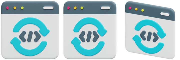 Set of Isometric Webpage Icons Featuring a Circular Refresh Symbol 3d Render Icon Illustration