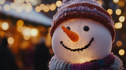 Snowman decoration with carrot nose and knitted hat glowing in festive holiday market lights, winter scene capturing Christmas spirit and joy.