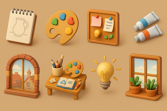 Art & creativity icon set - 3d symbols for artists, painting & crafting