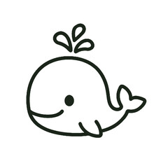 Cute Cartoon Whale Outline Icon with Water Splash for Baby and Kids Projects