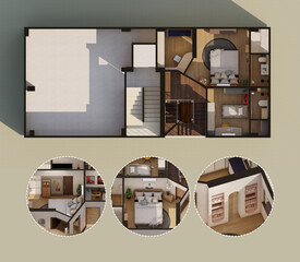 3D Modern House Architectural Floor Plan with Blow Up of Interior