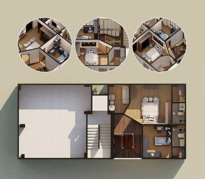 3D Modern House Architectural Floor Plan with Blow Up of Interior