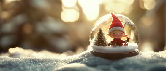 Snow globe with Christmas elf figurine inside, decorative holiday ornament, winter season celebration, festive home decor, magical snowy scene, Christmas spirit.