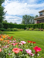 Obraz premium Lush, manicured lawn with colorful flowerbeds and hedges