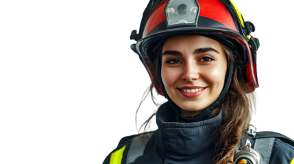 Confident Smiling Female Firefighter in Uniform Isolated on White Background