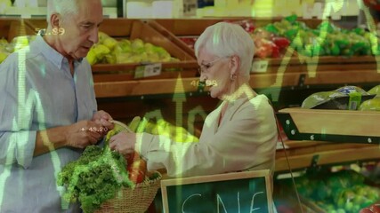 Senior couple selecting produce in supermarket, green stock graph overlays tracking market data - Powered by Adobe