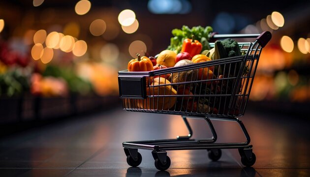 A shopping cart full of discounted items in a store. Bright multicolored background. Black Friday and Cyber ​​Monday concept.