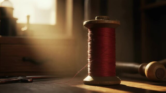 Wooden spool of red thread stands on a tailor's sunlit workbench with sewing tools nearby, symbolizing traditional craftsmanship, textile arts, and the enduring value of handmade creations