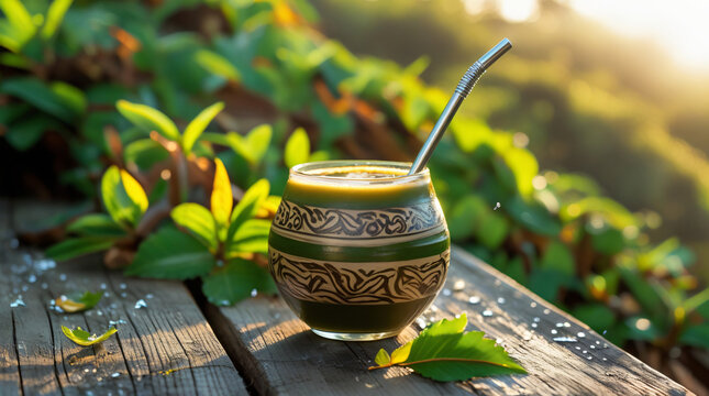 refreshing glass of yerba mate sits prominently, filled to the brim, with a slender, silver metal straw, or bombilla