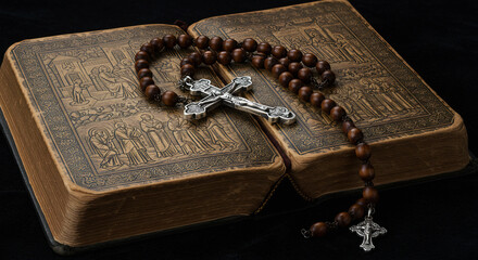 Antique Holy Bible with Embossed Cover and a Wooden Rosary Beads with a Silver Crucifix