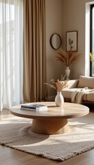 clean coffee table in a minimalist style, with sand dune tones, minimal lines, open space, sleek vibe, high resolution