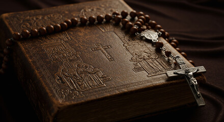 Antique Holy Bible with Embossed Cover and a Wooden Rosary Beads with a Silver Crucifix