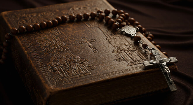 Antique Holy Bible with Embossed Cover and a Wooden Rosary Beads with a Silver Crucifix - Powered by Adobe