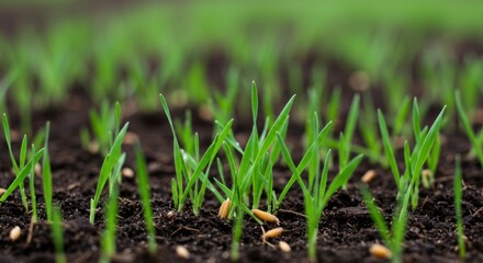 Fototapeta premium Young wheat shoots symbolizing new life and growth, with dark soil background