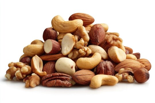 A heap of mixed nuts, showcasing various types.  Different shelled and unshelled nuts are densely clustered together,  forming a sizable pile against a plain white background