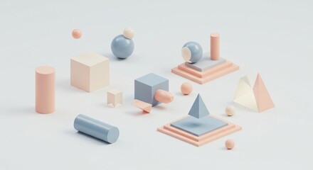 Pastel Geometric Shapes Abstract 3D Render Minimalist Design Soft Colors Cubes Spheres Cylinders