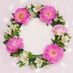 Floral wreath of pink peonies and white flowers on soft background  