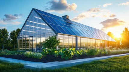 Obraz premium Sustainable Greenhouse at Sunset: A Modern Approach to Eco-Friendly Agriculture