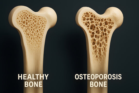 Medical 3D illustration comparing healthy bone and osteoporosis bone structure, human skeletal anatomy, bone density loss concept, orthopedic education, healthcare awareness, brittle bones disease