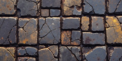 Aged cobblestone street with cracks and weathered surface in rustic urban setting
