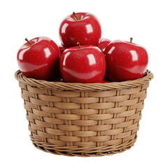 A woven basket filled with shiny red apples, set against a clean white background