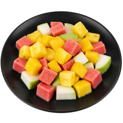 Colorful fruit salad featuring watermelon, pineapple, and apple cubes on a black plate