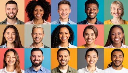 Diverse Group of Smiling People Portraits on Colorful Backgrounds