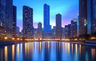 Fototapeta premium Modern city skyline during twilight with illuminated skyscrapers reflecting off calm river water, peaceful urban evening atmosphere