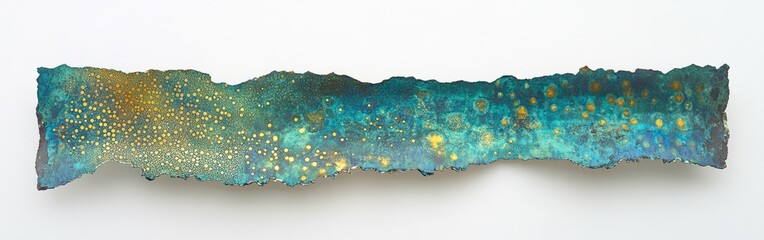 Fototapeta premium Abstract piece with teal and gold speckles, a textured, elongated shape