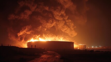 Obraz premium Tank Farm Engulfed in Flames Causes Environmental Disaster with Visible Smoke Plume and Safety Concerns