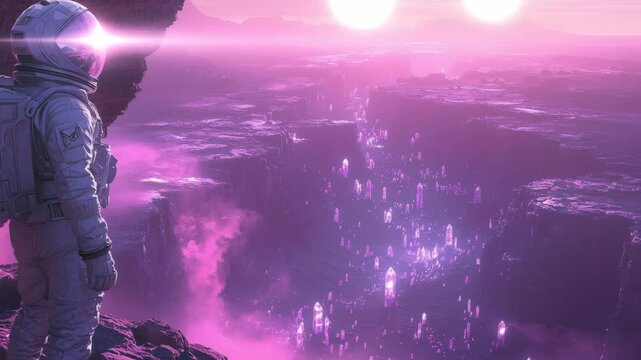 A lone astronaut in a surreal planet