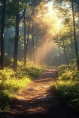Obraz premium Sunlight filters through tall trees onto a forest path surrounded by lush green shrubs and plants, creating a serene and peaceful atmosphere in the woods