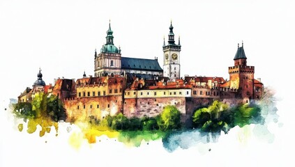 Fototapeta premium Watercolor Painting of a Historic European Castle Complex