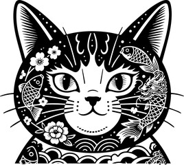 Vector Illustration of a Tattooed Cat with Japanese Oriental Motif – Old School Black and White Style
