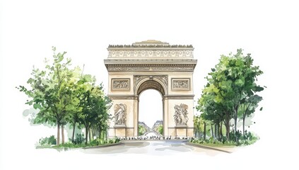 Fototapeta premium Watercolor Painting of Parisian Arc de Triomphe Framed by Lush Green Trees