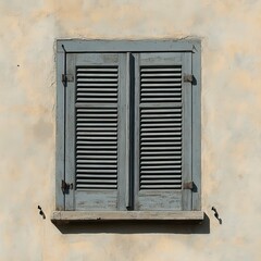 Fototapeta premium Weathered Gray Wooden Window Shutters on Beige Stucco Wall