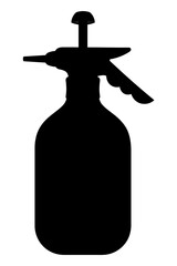 Garden pump sprayer. Silhouette. Black container with water for spraying plants. Vector illustration. Isolated white background. Idea for web design.